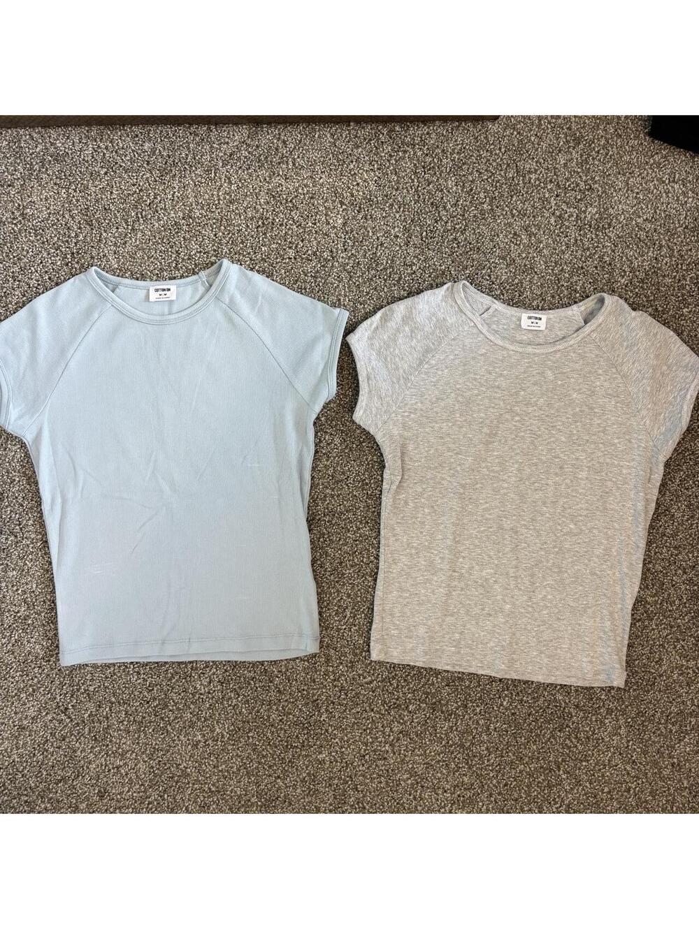 Set of 2 Cotton On Ribbed Raglan Cap Sleeve T-Shirts Light Blue Grey Medium - Picture 2 of 4